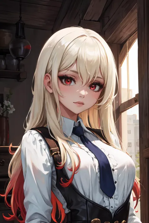 highly detailed, high quality, masterpiece, beautiful, solo, 1girl, white hair, red eyes, long hair, shirt, white shirt, upper b...