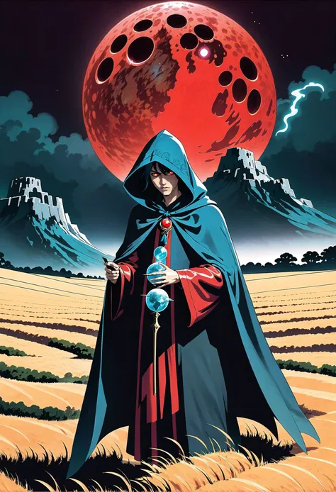 a man in a cloak and cape standing in a field with a red moon behind him