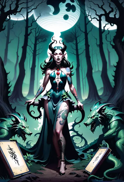 a woman in a dress with a dragon on her chest and a demon on her chest