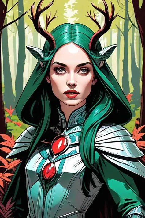 a woman with horns and green hair in a forest