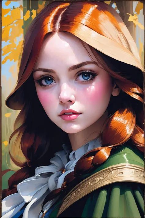 a painting of a girl with red hair and blue eyes