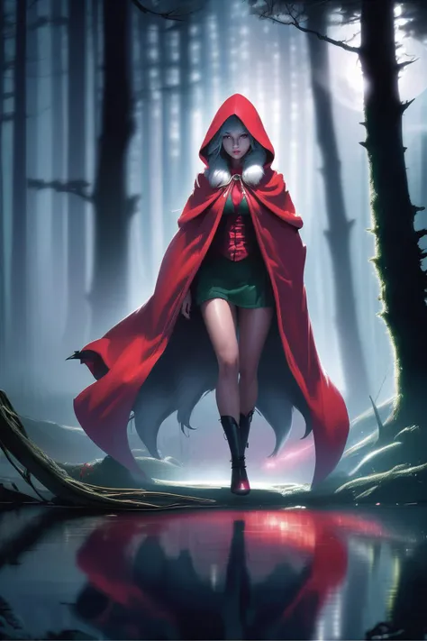 a woman in a red cape and green skirt standing in the woods