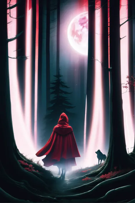 a red riding hoodie is standing in the woods with a dog