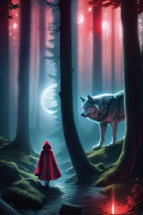 a dark nighttime forest. a wolf stalks a woman wearing a red hooded cloak. eerie moonbeams, volumetric light, high dynamic range.