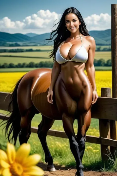 photograph (realistic) of (young female human/horse (centaur) with brown horse body, thick horse body, big breasts, tail, tail swing, hooves, ideal face, smile, black hair),
farm, fence, stables, ((from side)), bikini top, in a rural field with flowers,
 (...