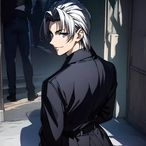 anime character with white hair and black outfit standing in front of a door