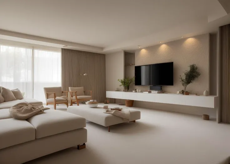 Living room,TV Wall,Television,The back-to-back sofa,Wool carpet,Marble coffee table,Rock slab wall surface,The gentle light,Curtains,Villa,The empty living room.,Luxury,Minimalism,