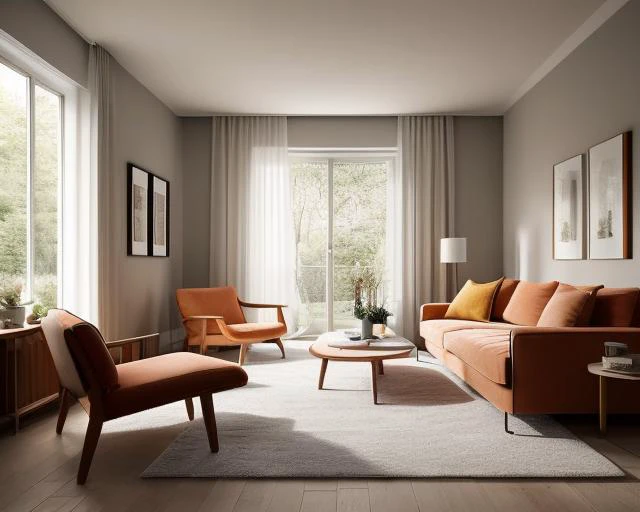 ((best quality)),((masterpiece)),((realistic)),living room,Modern minimalist Nordic style,Soft light,Pure picture,(Bright colors:1.2),Symmetrical composition,orange theme