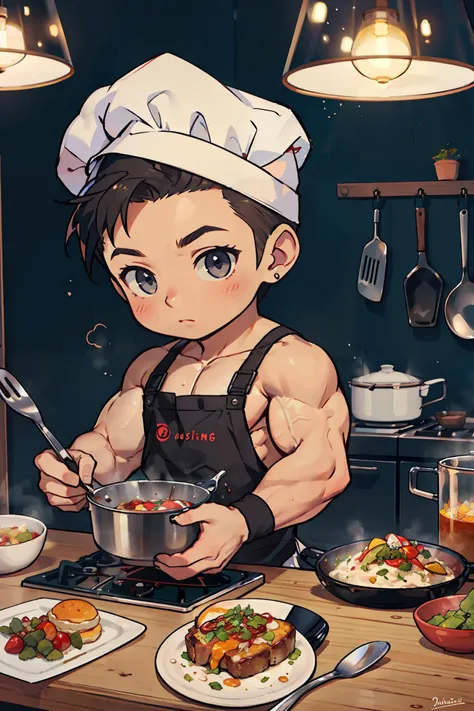 anime boy in chef's hat preparing food in a kitchen