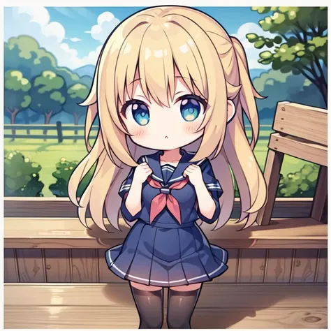 anime girl with long blonde hair and blue eyes standing in front of a bench