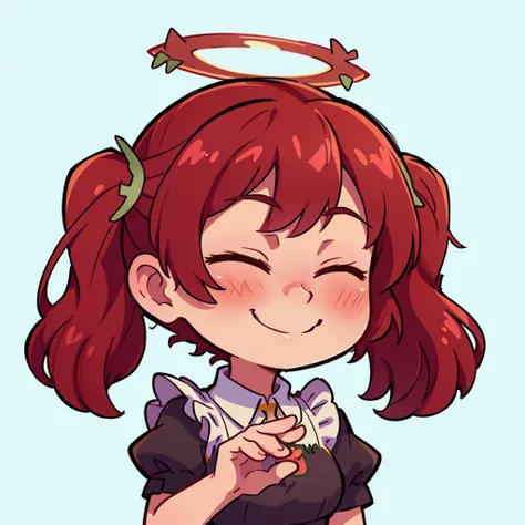 a cartoon girl with a halo on her head holding a piece of food