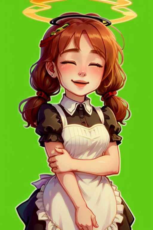 ((best quality, masterpiece)),    [(simple background:1.3),::5], ((die-cut sticker):1.1), (solid outline:1.2),
1girl, maid, black maid uniform, red hair, twintails, green eyes,(closed eyes smile:1.3), ((blush):1.2), ((halo):1.2). wings, ((full body):0.4),
...