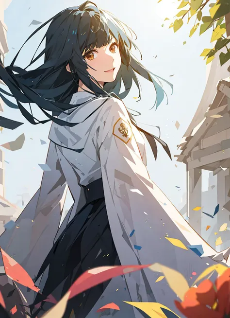 anime girl with long black hair walking in front of a building