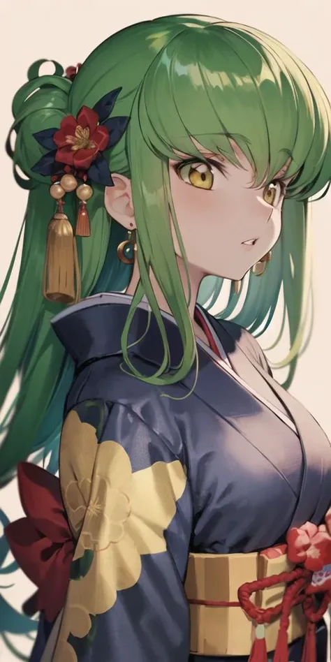 a close up of a woman with green hair and a flower in her hair