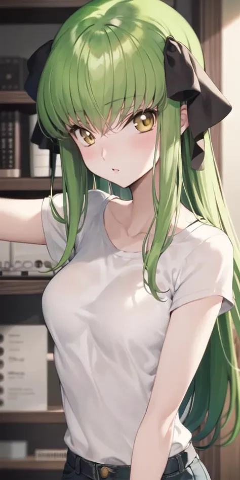 a close up of a person with green hair and a white shirt