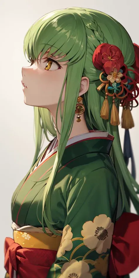 a close up of a woman with green hair and a flower in her hair