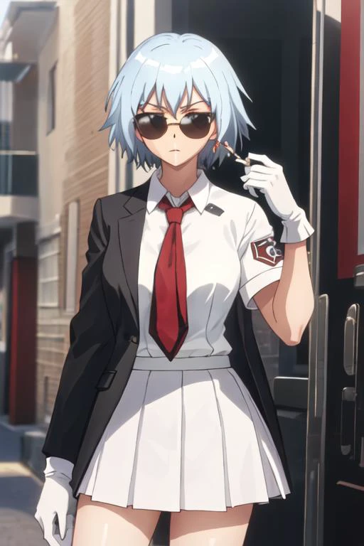 best quality, masterpiece, highres, solo, {black business suit:1.40}, {tie:1.20}, {sunglasses:1.25}, {white gloves:1.15}, {white shirt:1.10}, {black skirt:1.15}, {smoking:1.20}, handsome, {yarizui_sen_bento:1.15}, short_hair, red_eyes, serafuku