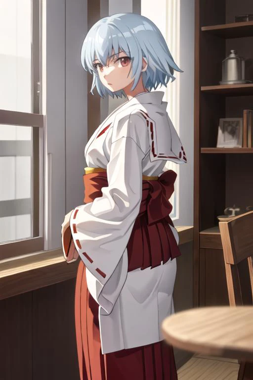 best quality, masterpiece, highres, solo, {white kimono:1.35}, {red hakama:1.35}, {wide sleeves:1.20}, {yarizui_sen_bento:1.15}, short_hair, red_eyes, serafuku