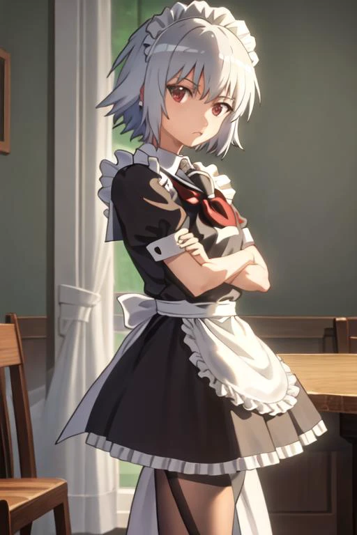 best quality, masterpiece, highres, solo, {maid:1.40}, {long maid dress:1.15}, {yarizui_sen_bento:1.15}, short_hair, red_eyes, serafuku