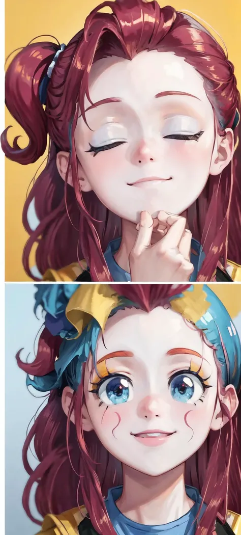 (1girl, one girl), (solo:1.3), (mlppinkiepie:1.3),pale skin, long hair, blue_eyes, (smiling, happy:1.3), (pink curly hair:1.2), BREAK
IncrsClownMakeupMeme, <lora:PuttingOnClownMakeupMeme:0.8> BREAK
(cute_background, daylight,detailed_background:1.3), BREAK...