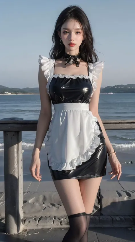 a woman in a black and white dress and stockings posing on a pier