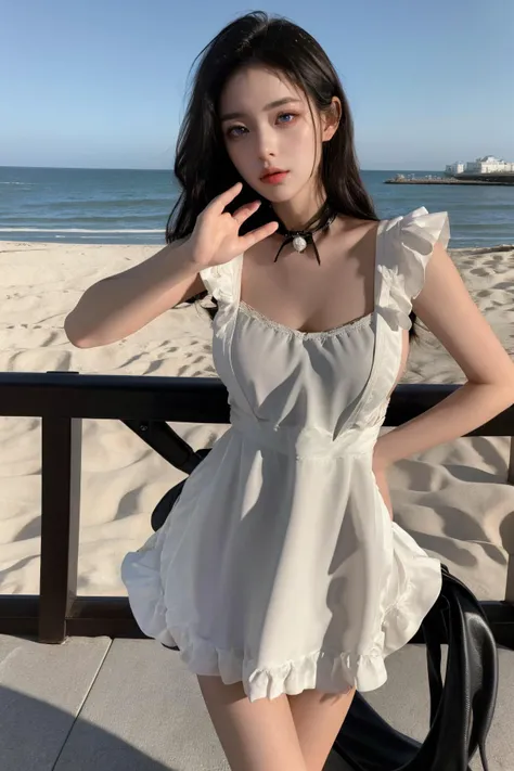 a woman in a white dress standing on a beach next to a railing