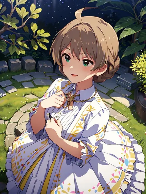 super fine illustration, highly detailed face and eyes, masterpiece, best quality, high resolution,
Nardack, (a girl in distance standing in the garden), cowboy shot, Put hands behind her back, singing, birds flying around her,
KAORI SAKURAMORI,
(ahoge:0.8...