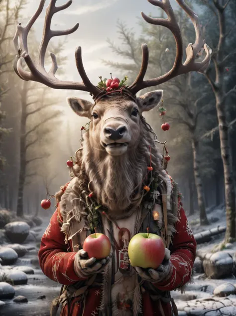 Captured with the Canon EOS 5D Mark IV, this image features an anthropomorphic reindeer Holding a giant apple, <lora:Anthropomorphic_Reindeer:1> anthropomorphic reindeer, <lora:xl_more_art-full_v1:0.3> , <lora:add-detail-xl:0.5>