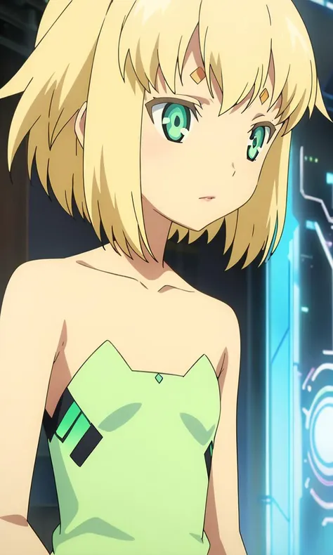 a close up of a woman in a green dress with a futuristic background