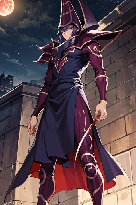 ((masterpiece,best quality)), absurdres, <lora:ygo_dark_magician:0.8> ygodm, 1man, armor, robe, helmet, purple hair, blue eyes, standing, rooftop, skyscraper, from below, silhouette, against the light, night, bloodmoon, from a distance