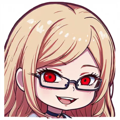 anime girl with red eyes and glasses smiling