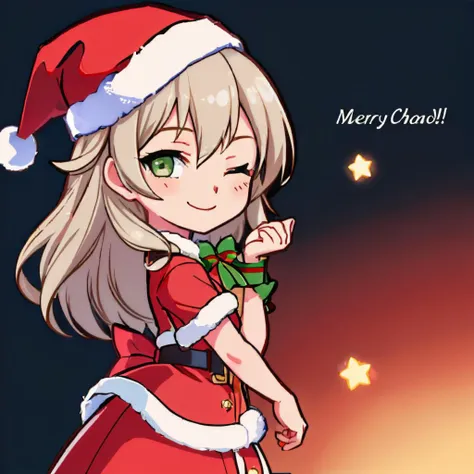 (masterpiece, best quality:1.2), chibi, solo, 1girl, elie macdowell, smile, looking at viewer, green eyes, one eye closed, hair ribbon, santa hat, christmas, red dress, fur trim <lora:style_projectsekaistamp:1> <lora:elie-nvwls-v2-zero:0.8>