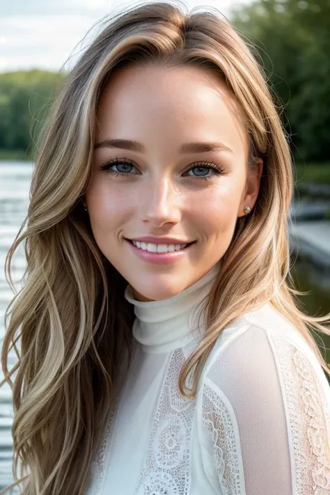 (((Head Portrait))) of Estelle Berglin-5000 ((Wearing a turtleneck and distressed jeans)), ((Professional Photo Shoot)), ((out in the country next to a river)), ((sitting on a bench next to a river)), ((Smiling)), ((Real skin with pores)), model shoot styl...