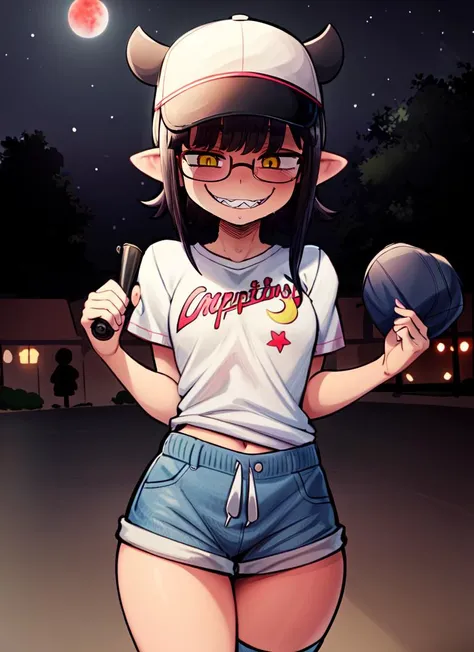 anime girl with horns and a baseball cap holding a bat