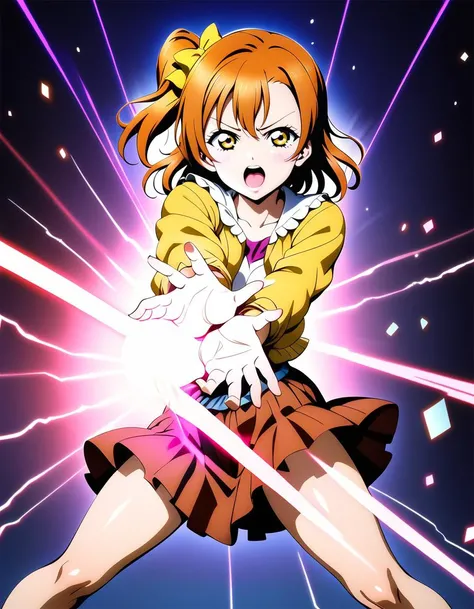 1girl,
 kousaka honoka, love live!
casual wear,skirt,
<lora:kamehamehaXL2:1>,kamehameha,
looking at viewer,serious,v-shaped eyebrows,scream,
foreshortening,energy ball, light particles,energy beam, speed lines,(spread legs:0.7),standing,
electricity,
gradi...