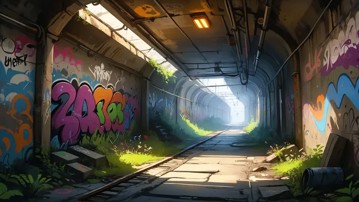 Underground tunnels wind their way beneath the city, their walls adorned with graffiti and flickering fluorescent lights casting eerie shadows, Dreamyvibes Artstyle,, Harsh Sunlight, ral-colorswirl, sharp focus, highly detailed, artstation <lora:Dreamyvibe...