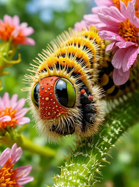 highly detailed, eye-level shot of a Caterpillar, flowers and Wilderness background, Lustful, Vibrant Color, <lora:detailed_notrigger:1>