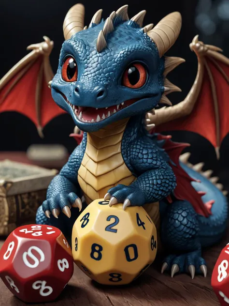 cinematic film still portrait of an adorable , happy,  baby dark blue dragon with yello weyes sitting beside a large red d20 dice and a (DnD manual:1.2), hyperrealistic style, line art, clean line art, very detailed,
<lora:add-detail-xl:1> misc, <lora:deta...