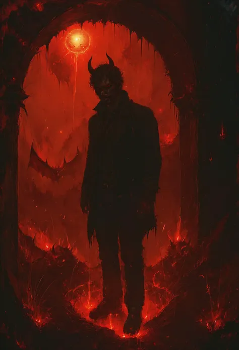 a close up of a person standing in a cave with a demon on it