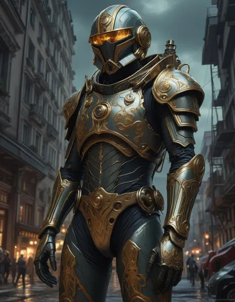 a close up of a person in a suit of armor on a street