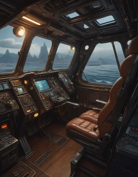 a close up of a cockpit with a view of the ocean