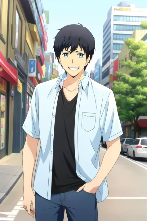 masterpiece, best quality, 1boy, arata_kaizaki, cowboy shot, looking at viewer, black hair, blue eyes, grin, (casual, layered clothes, collared shirt, open shirt, t-shirt), blue pants, city, street, shop,