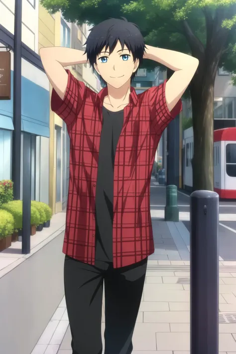 masterpiece, best quality, 1boy, solo, arata_kaizaki, cowboy shot, walking, arms behind head, looking at viewer, black hair, blue eyes, happy, smile, carefree, (casual, layered clothes, red plaid shirt, open shirt, t-shirt), black pants, city, street, shop...