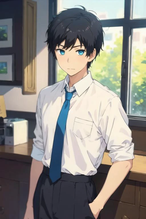 masterpiece, best quality, illustration, 1boy, solo, male focus, looking at viewer, , depth of field, <lora:arata_kaizaki:0.64>, arata_kaizaki, black hair, blue eyes, formal, necktie, dress shirt,