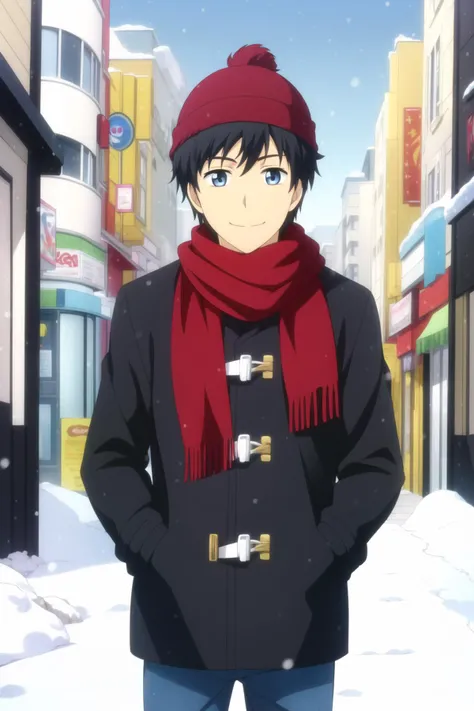 masterpiece, best quality, 1boy, solo, arata_kaizaki, cowboy shot, standing, looking at viewer, black hair, beanie, blue eyes, light smile, (casual, duffel coat, red scarf), blue pants, hands in pockets, snow, snowing, ice, city, shop,