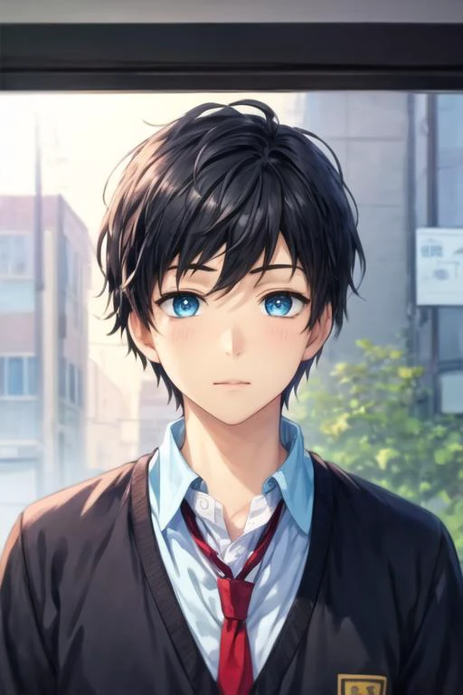 masterpiece, best quality, illustration, 1boy, solo, male focus, looking at viewer, upper body, depth of field, <lora:arata_kaizaki:0.72>, arata_kaizaki, black hair, blue eyes, school uniform,