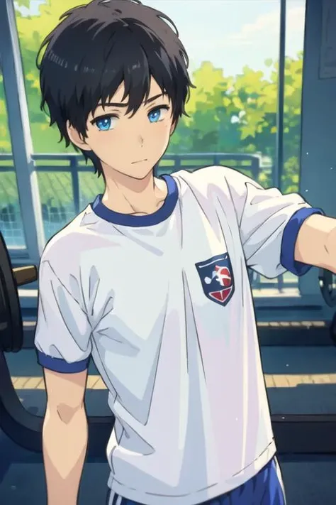 masterpiece, best quality, illustration, 1boy, solo, male focus, looking at viewer, upper body, depth of field, <lora:arata_kaizaki:0.68>, arata_kaizaki, black hair, blue eyes, gym uniform,