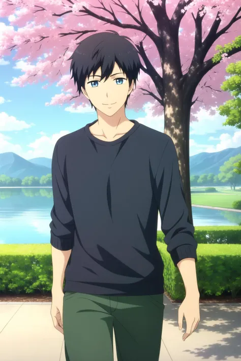 masterpiece, best quality, 1boy, arata_kaizaki, walking, upper body, looking at viewer, black hair, blue eyes, light smile, black sweater, green pants, park, tree, flower, lake,