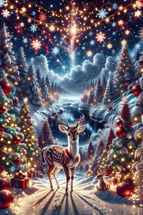 a deer standing in the middle of a snowy forest with christmas lights