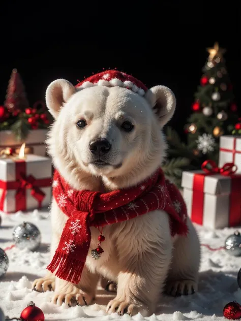 there is a polar bear wearing a red scarf and a red hat